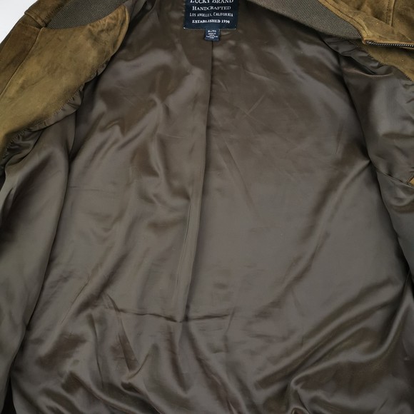 Lucky Brand Men's 100% Suede Leather Bomber Jacket Dark Olive XL Lined Pockets - Picture 6 of 15